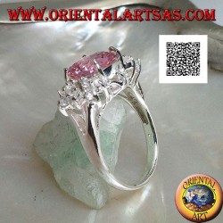 Anillo de plata rodiada con circonita redonda facetada rosa con circonitas blancas laterales