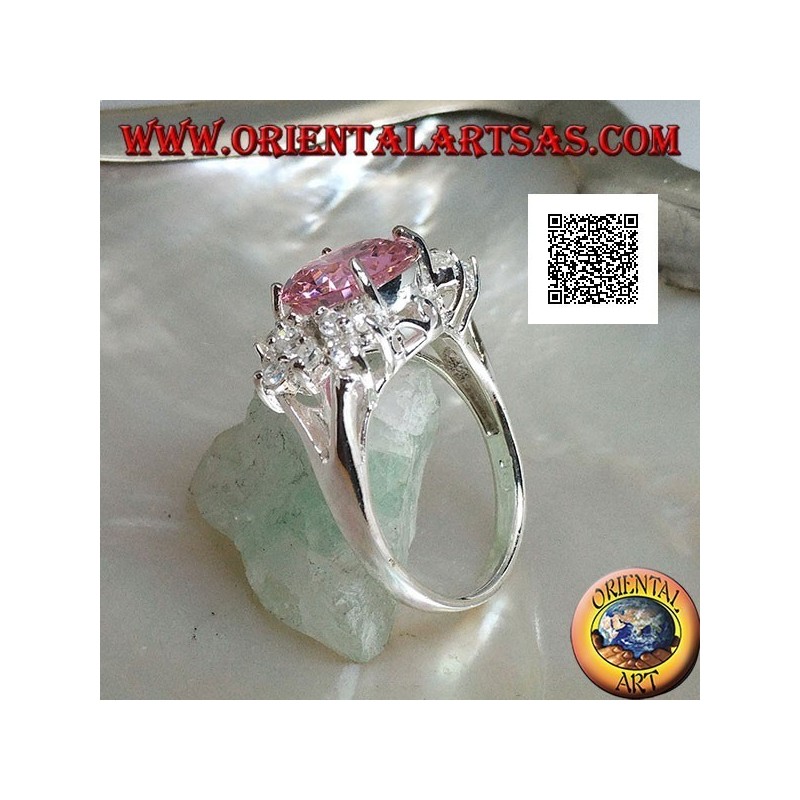 Rhodiumsilberring mit rosa rundem facettiertem Zirkon mit seitlichen weißen Zirkonen