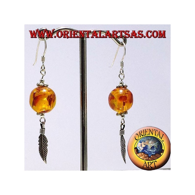 orecchini sfera in Ambra con piuma in argento