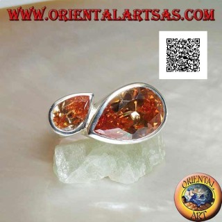 Rhodium silver ring with double specular drop of faceted champagne zircons