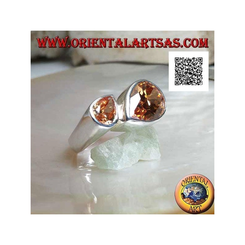 Anillo de plata rodiada con doble gota especular de circonitas champán facetadas