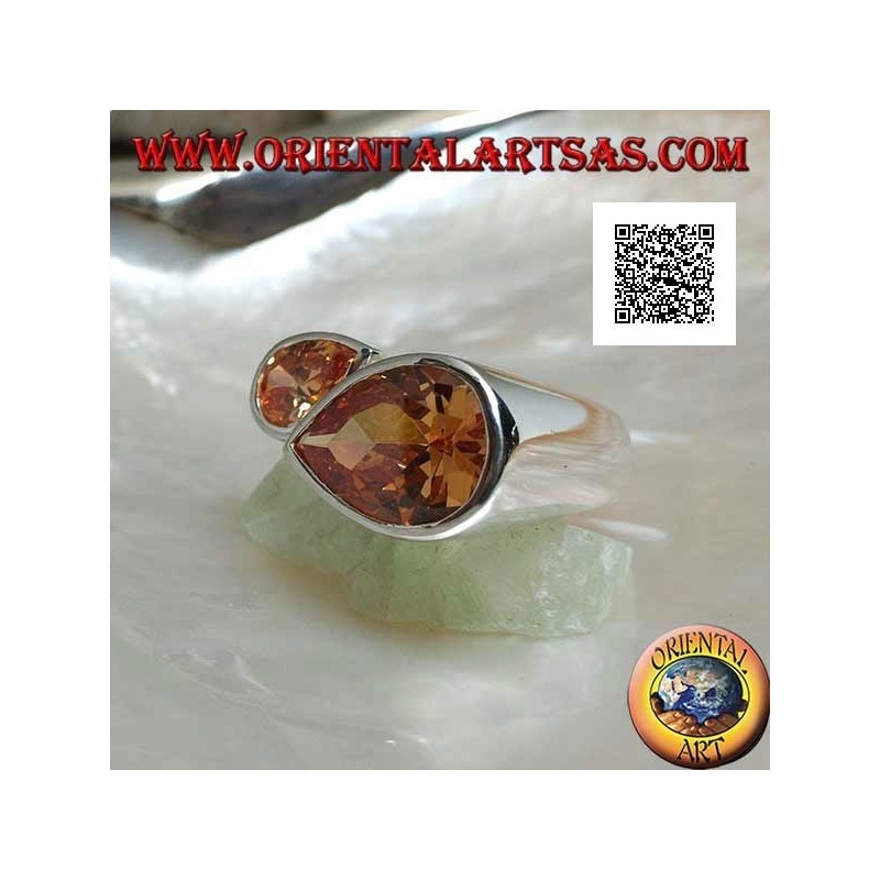 Anillo de plata rodiada con doble gota especular de circonitas champán facetadas