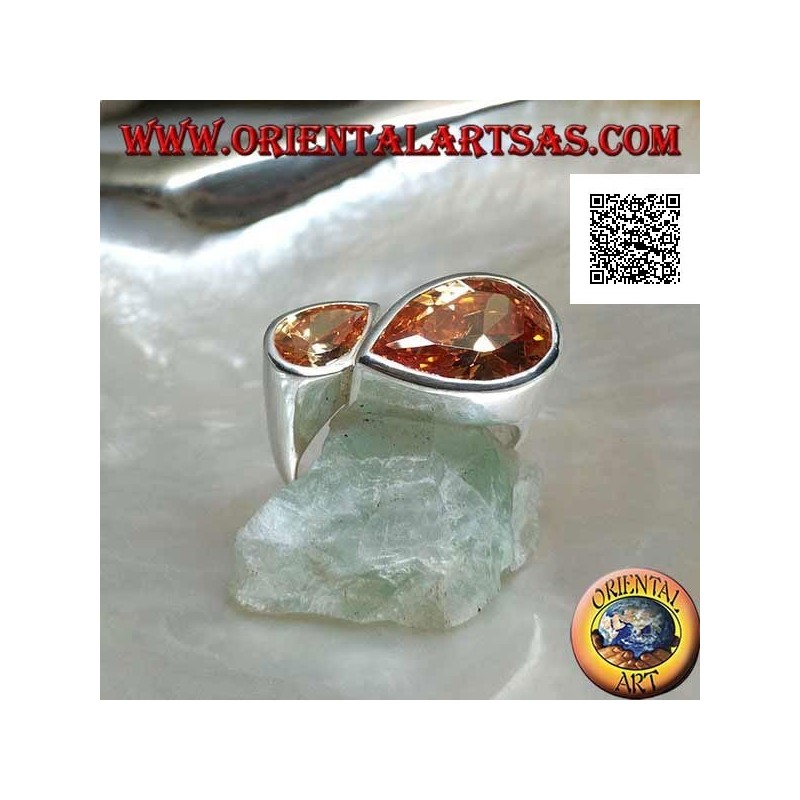 Anillo de plata rodiada con doble gota especular de circonitas champán facetadas