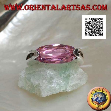 Rhodium silver ring with narrow oval pink faceted zircon hooked on the side