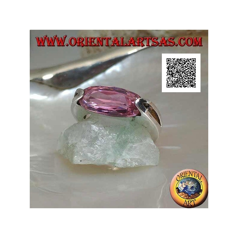 Rhodium silver ring with narrow oval pink faceted zircon hooked on the side