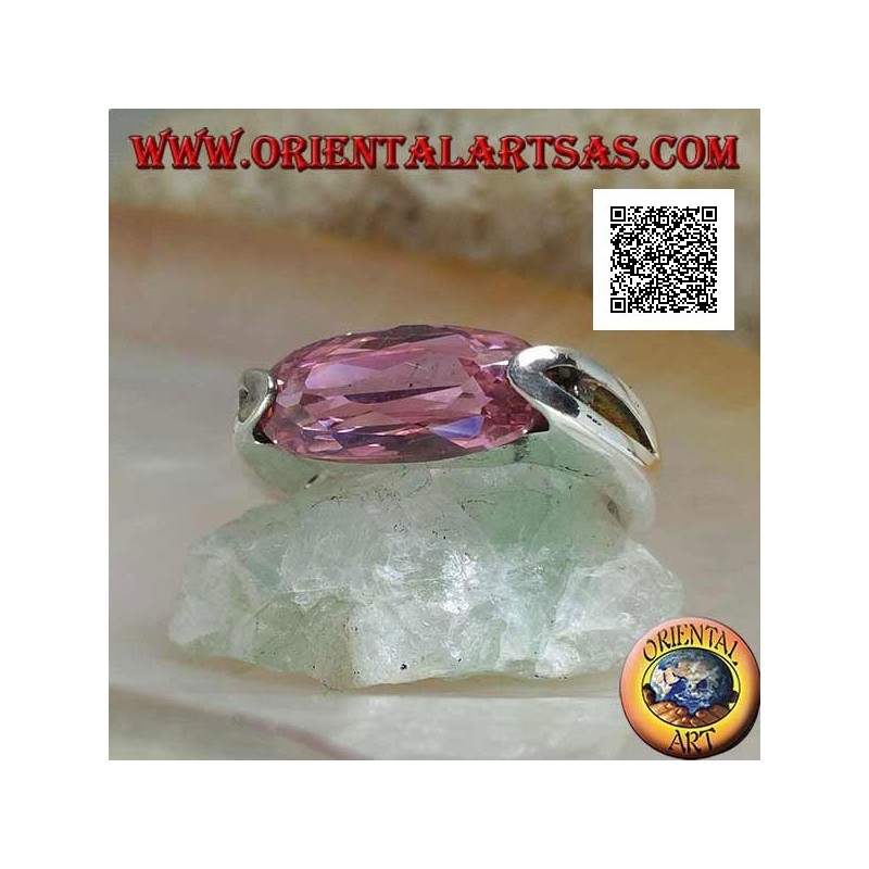 Rhodium silver ring with narrow oval pink faceted zircon hooked on the side