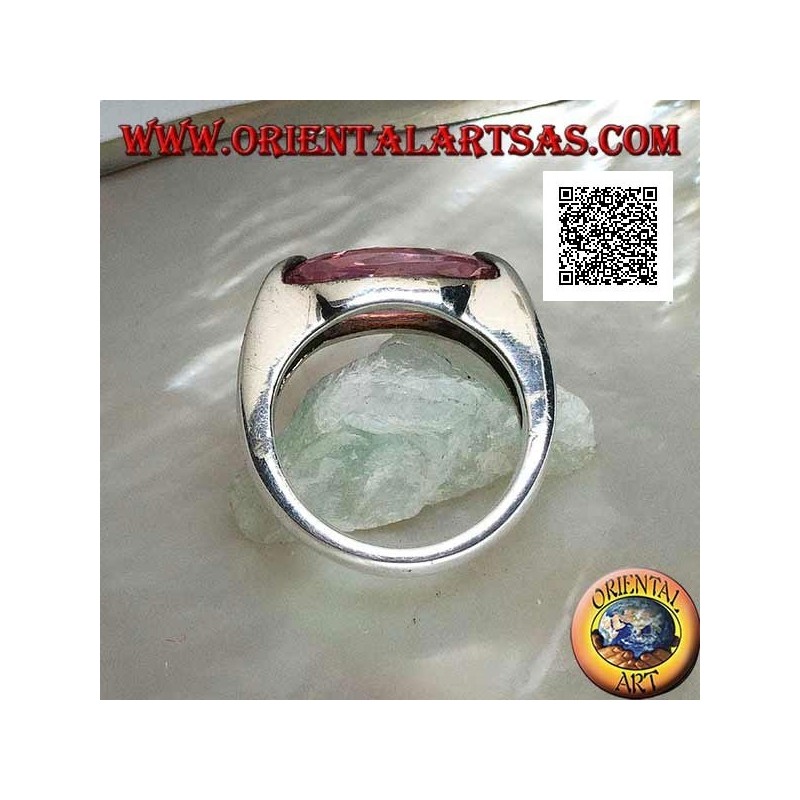 Rhodium silver ring with narrow oval pink faceted zircon hooked on the side