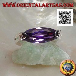 Rhodium silver ring with narrow oval faceted amethyst zircon hooked on the side