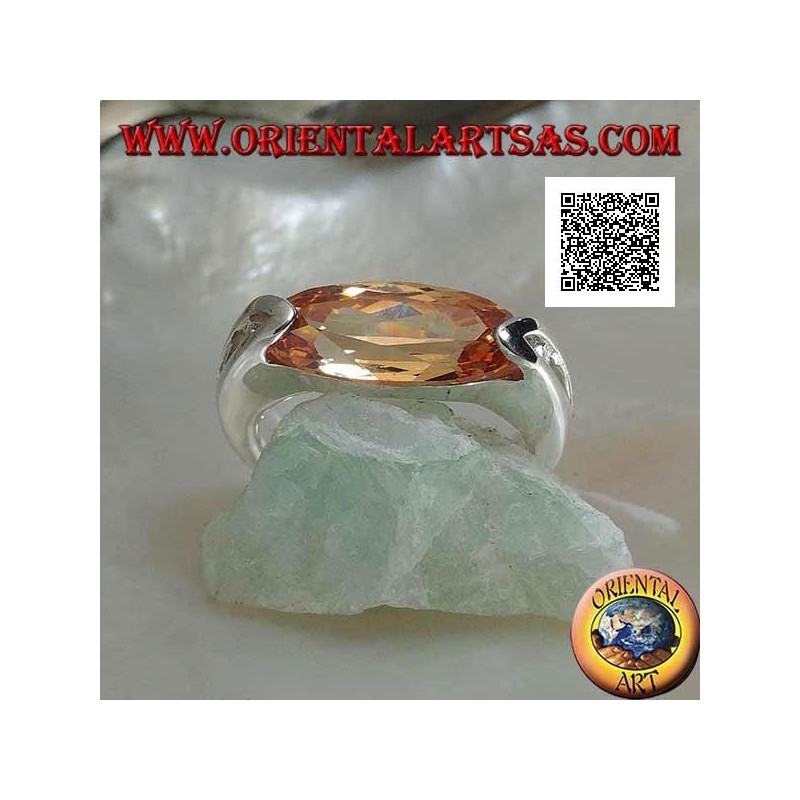 Rhodium silver ring with narrow oval faceted champagne zircon hooked on the side
