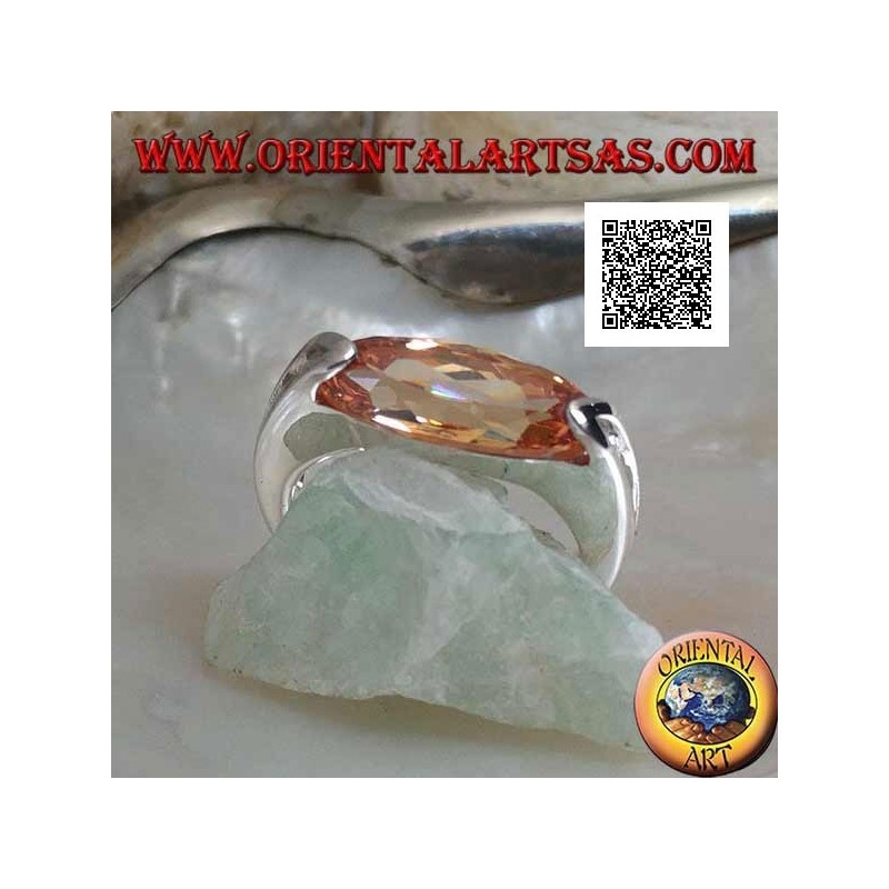 Rhodiumsilberring mit schmalem, ovalem, facettiertem Champagnerzirkon an der Seite