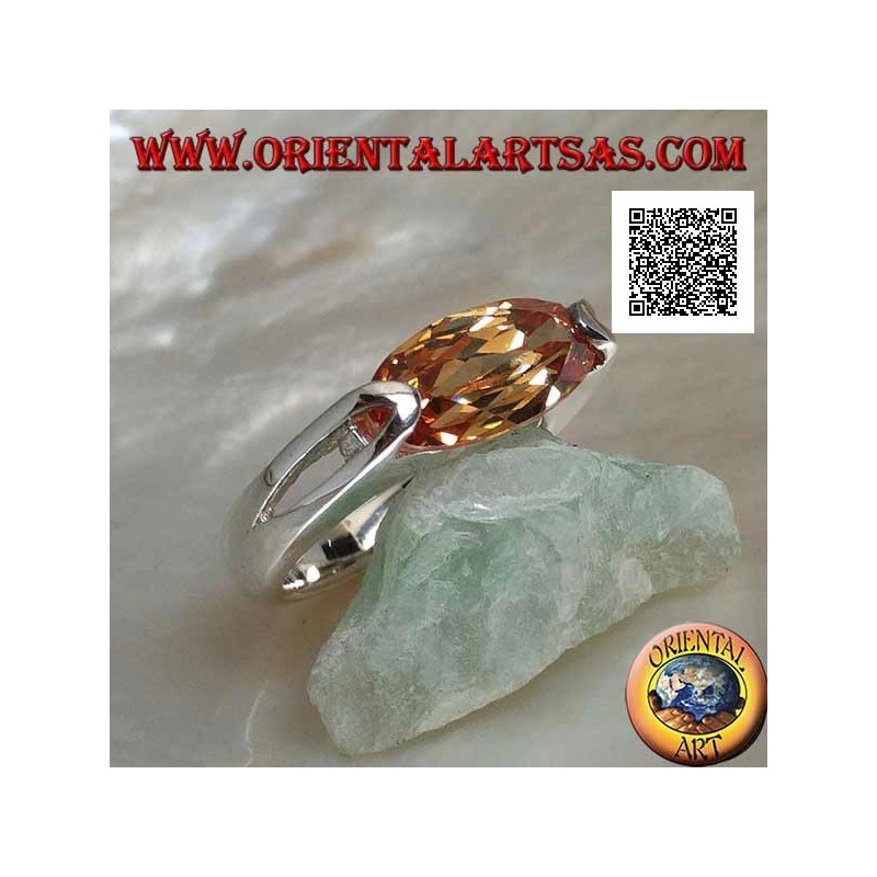 Rhodium silver ring with narrow oval faceted champagne zircon hooked on the side
