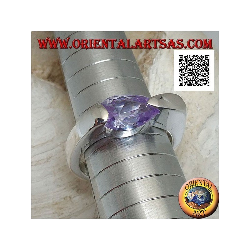 Rhodium-plated silver ring with faceted teardrop amethyst-colored zircon attached to the side