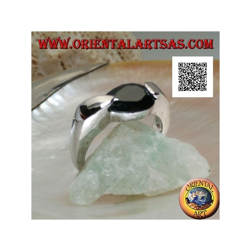 Rhodium silver ring with faceted drop-shaped spinel zircon hooked on the side