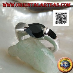 Rhodium silver ring with faceted drop-shaped spinel zircon hooked on the side