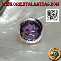 Rhodium-plated silver ring with faceted round cut amethyst-colored zircon and smooth edge