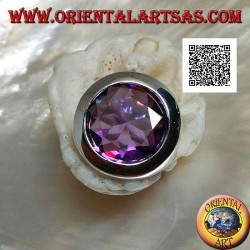 Rhodium-plated silver ring with faceted round cut amethyst-colored zircon and smooth edge