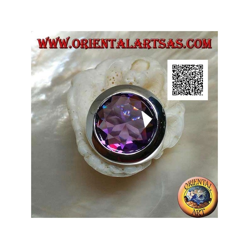 Rhodium-plated silver ring with faceted round cut amethyst-colored zircon and smooth edge