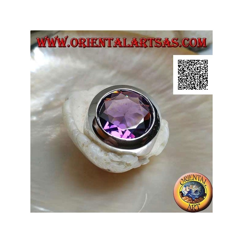 Rhodinierter Silberring mit facettiertem, amethystfarbenem Zirkon und rundem Schnitt