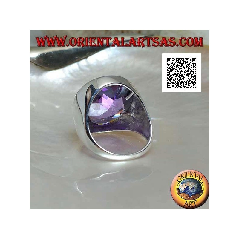 Rhodium-plated silver ring with faceted round cut amethyst-colored zircon and smooth edge