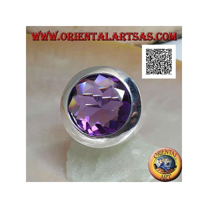 Rhodium-plated silver ring with faceted round cut amethyst-colored zircon and smooth edge