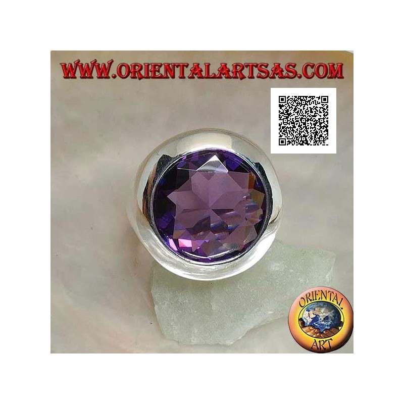 Rhodium-plated silver ring with faceted round cut amethyst-colored zircon and smooth edge