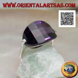 Rhodium-plated silver ring with rounded oval amethyst-colored zircon attached to the side