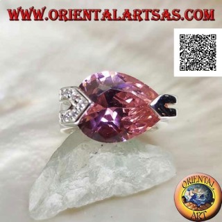 Anillo de plata rodiada con circonitas facetadas en forma de lágrima rosa con circonitas blancas en gancho