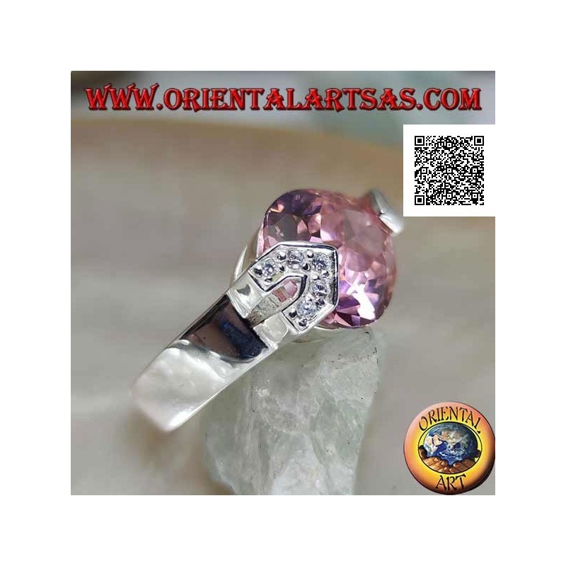 Anillo de plata rodiada con circonitas facetadas en forma de lágrima rosa con circonitas blancas en gancho