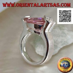 Rhodium silver ring with faceted pink teardrop zircon with white zircons on a hook