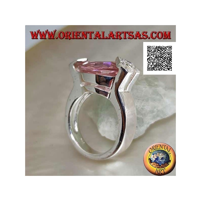 Rhodiumsilberring mit facettiertem rosa Tränenzirkon mit weißen Zirkonen an einem Haken
