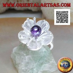 Bague en argent satiné en forme de fleur avec de longs pistils et une sphère en zircon facetté couleur améthyste