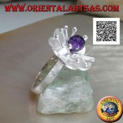 Flower-shaped satin silver ring with long pistils and faceted amethyst-colored zircon sphere