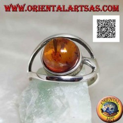 Silver ring with cabochon round amber between two curved lines in silver