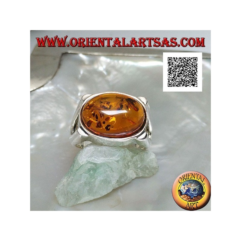 Bague en argent avec cabochon ovale ambre en croix sur serti lisse avec ouverture latérale