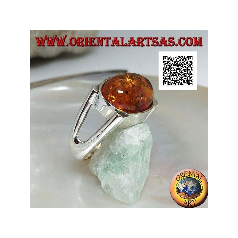 Silver ring with oval cabochon amber crosswise on smooth setting with lateral opening