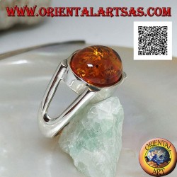 Silver ring with oval cabochon amber crosswise on smooth setting with lateral opening