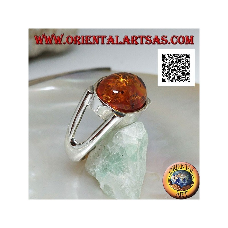 Silver ring with oval cabochon amber crosswise on smooth setting with lateral opening
