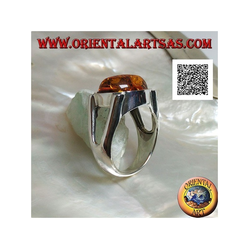 Silver ring with oval cabochon amber crosswise on smooth setting with lateral opening