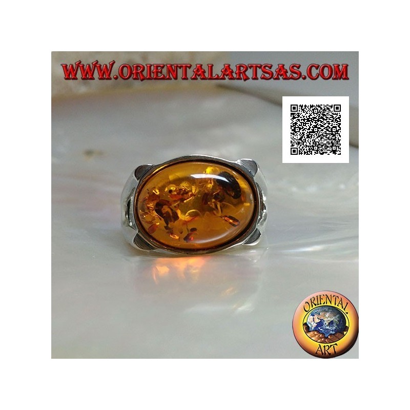 Silver ring with oval cabochon amber crosswise on smooth setting with lateral opening
