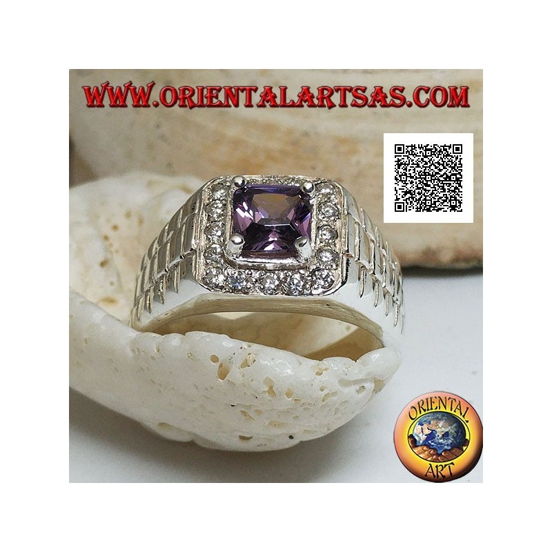 Ring in rhodium-plated silver in watch link with amethyst-colored zircon set surrounded by white zircons