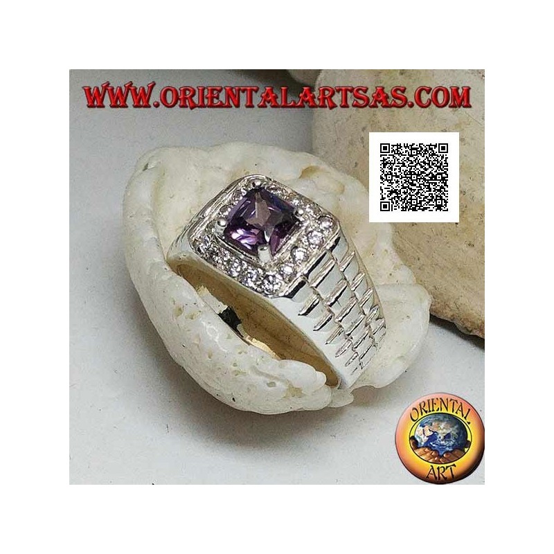 Bague en argent rhodié en maillons de montre avec zircon améthyste serti entouré de zircons blancs