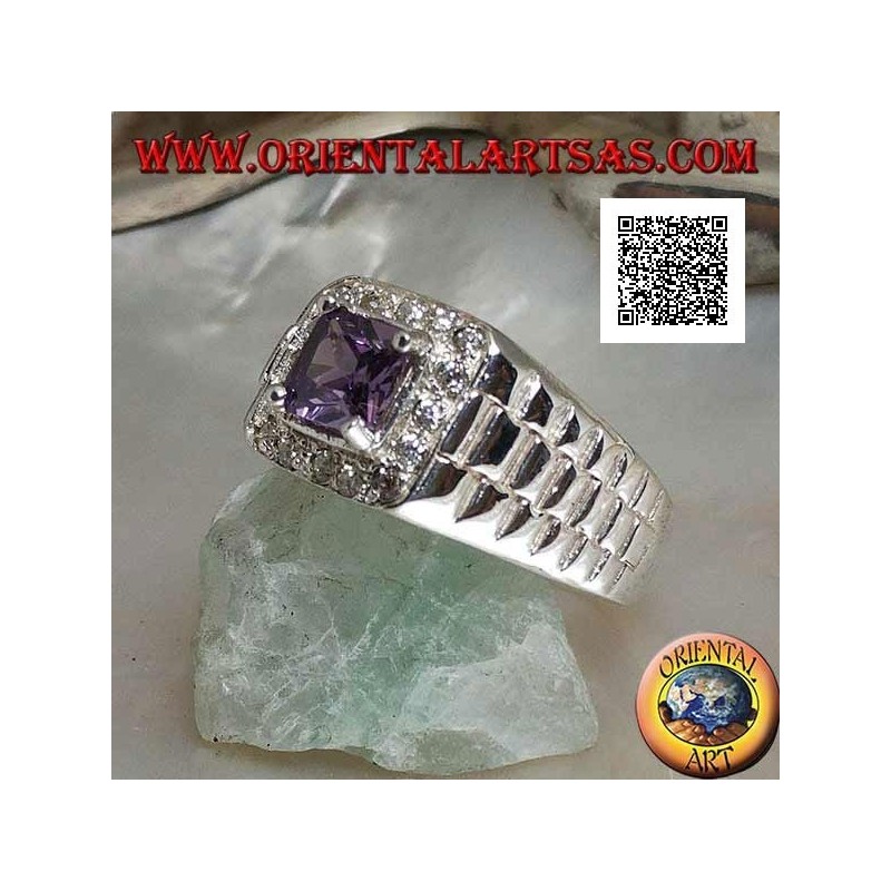 Bague en argent rhodié en maillons de montre avec zircon améthyste serti entouré de zircons blancs