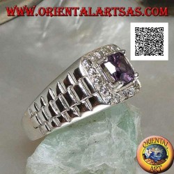 Ring in rhodium-plated silver in watch link with amethyst-colored zircon set surrounded by white zircons