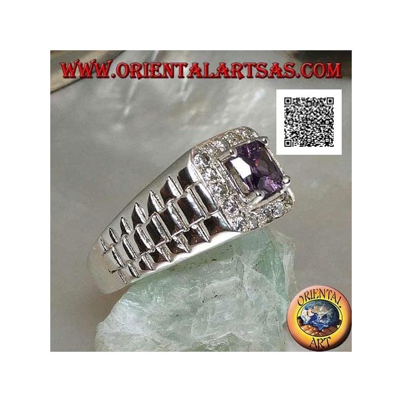 Ring aus rhodiniertem Silber in Uhrenverbindung mit amethystfarbenem Zirkon, umgeben von weißen Zirkonen