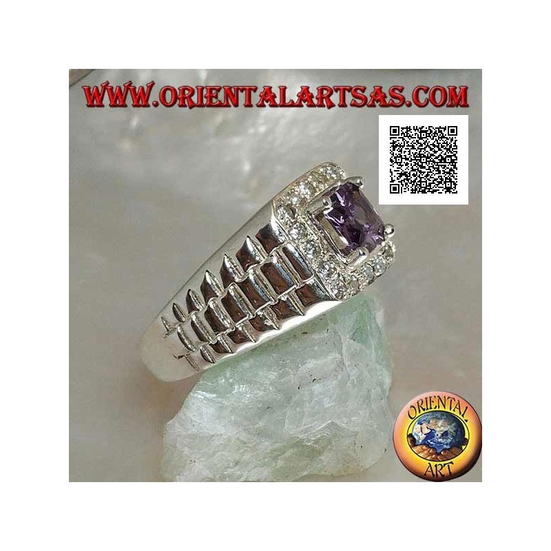 Ring in rhodium-plated silver in watch link with amethyst-colored zircon set surrounded by white zircons
