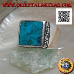 Silver ring with natural square turquoise surrounded by a Greek engraving (24)