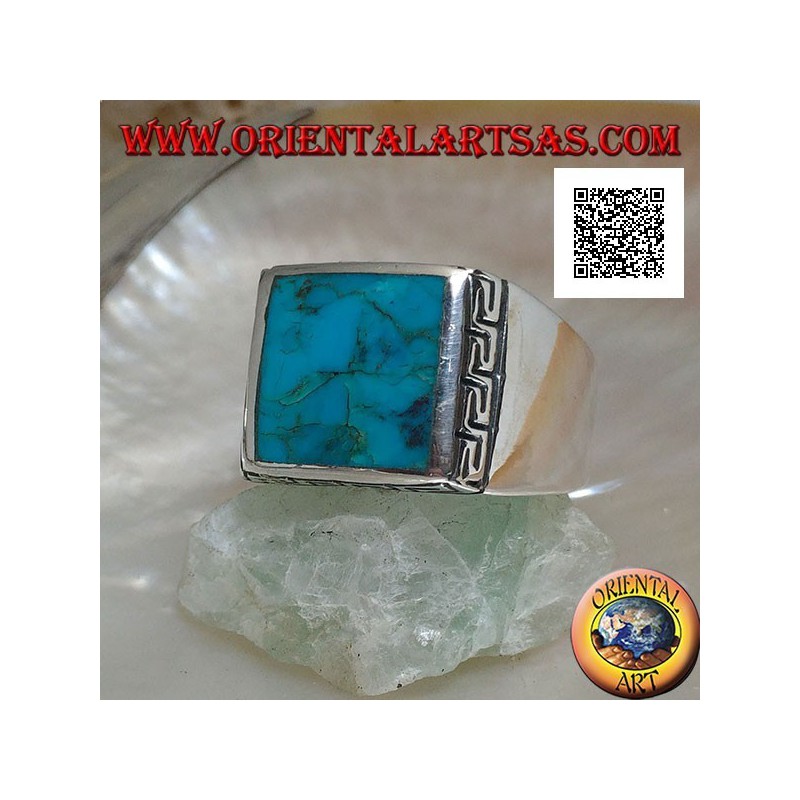 Silver ring with natural square turquoise surrounded by a Greek engraving (24)