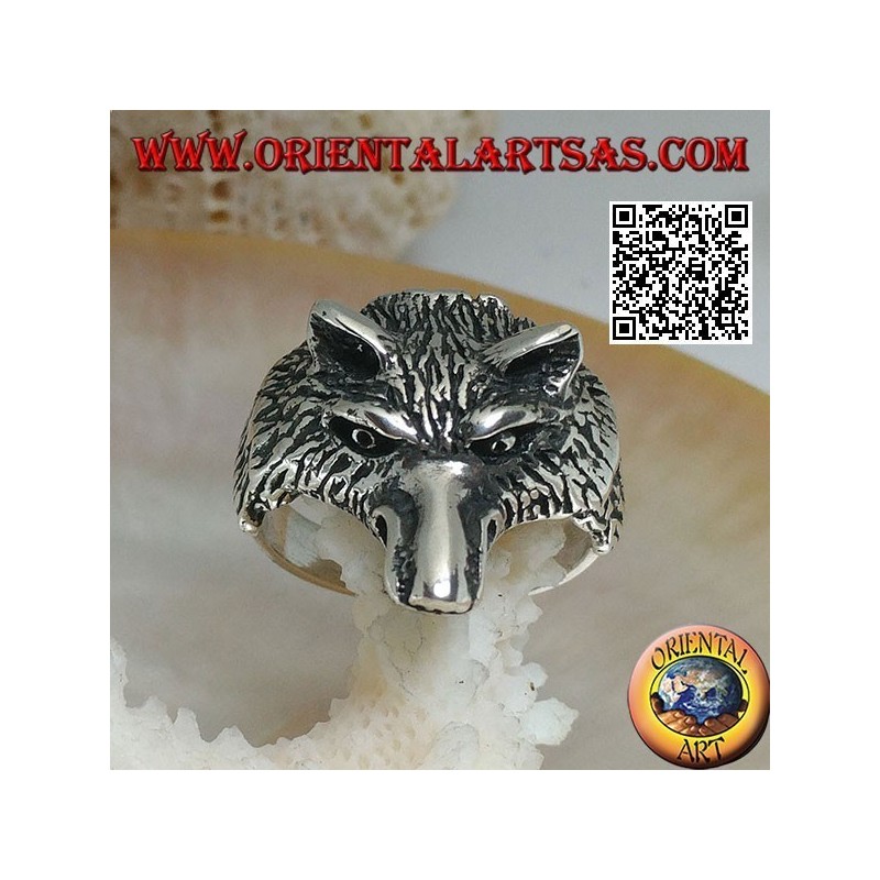 Anillo de plata, cabeza de lobo ártico o lobo de nieve masivo (mediano)
