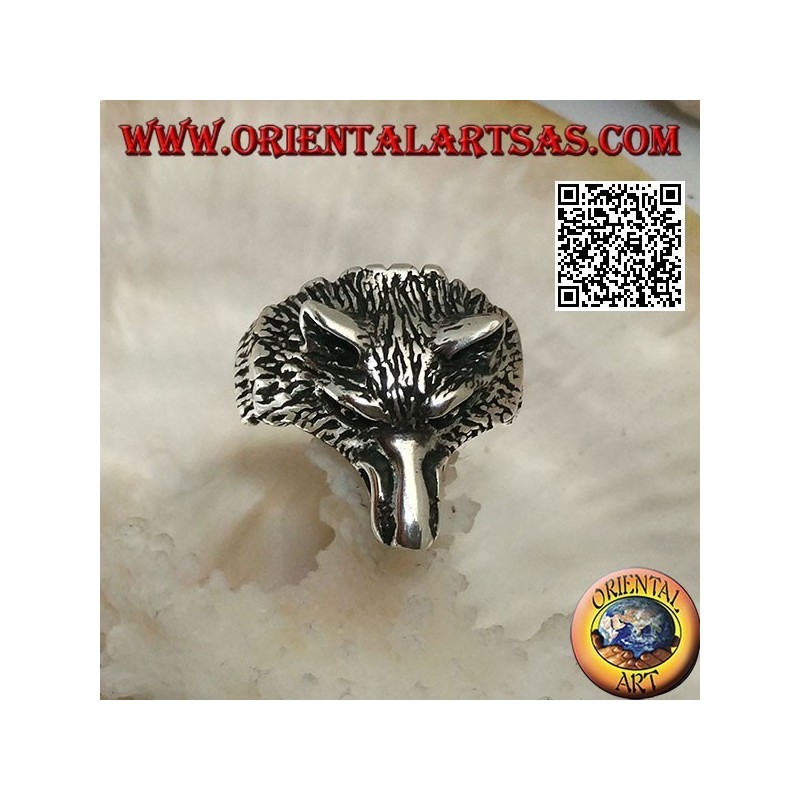 Anello in argento, testa di lupo artico o lupo delle nevi imponente (media)