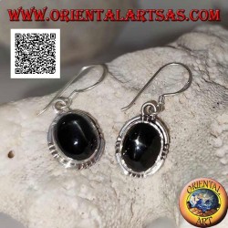Silver earrings with oval cabochon Black Star (star diopside) and trio of balls on the four cardinal points